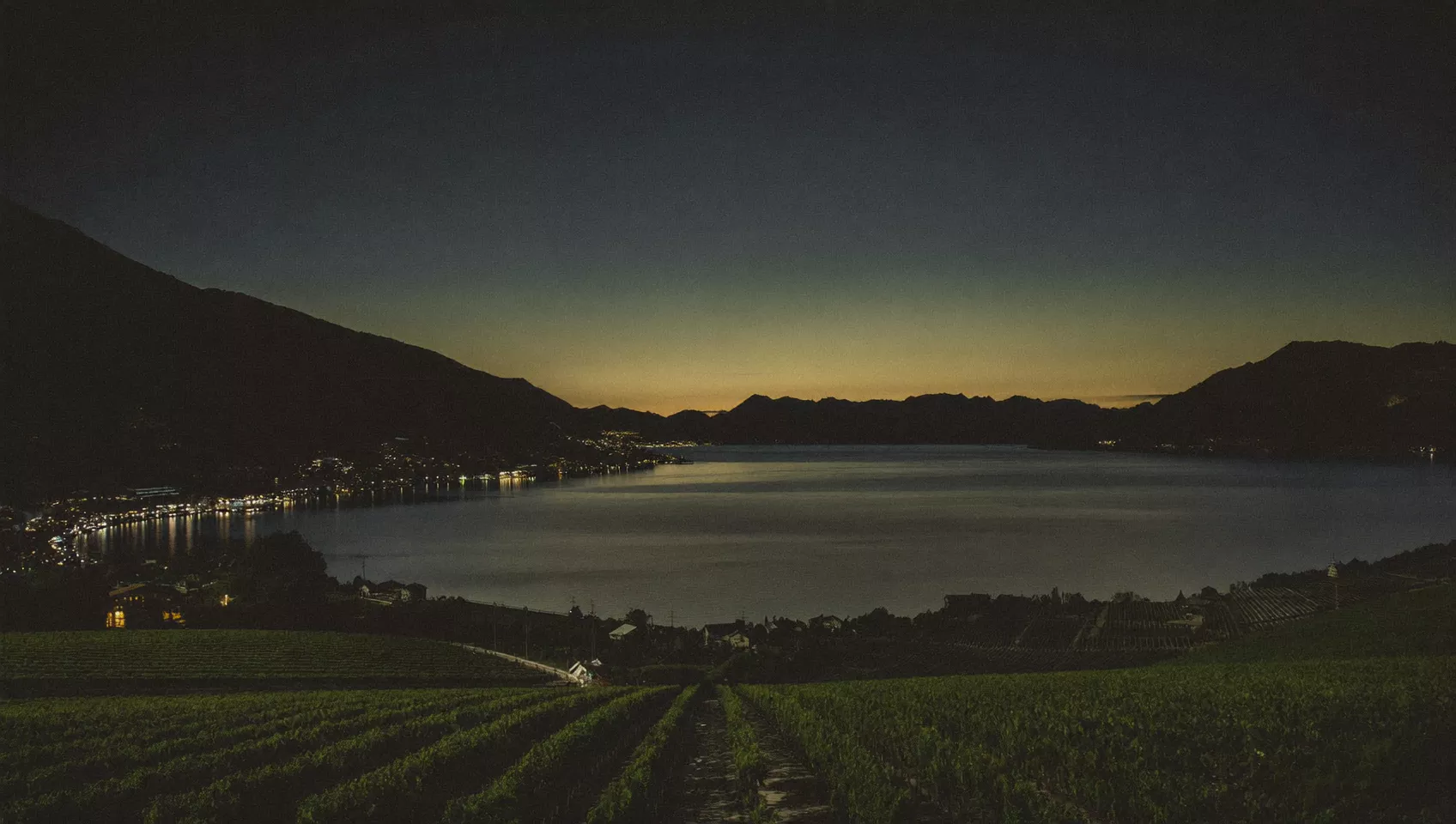 Les vignes de Lavaux et le Léman à l'heure bleue, les lumières des villages au bord du lac.